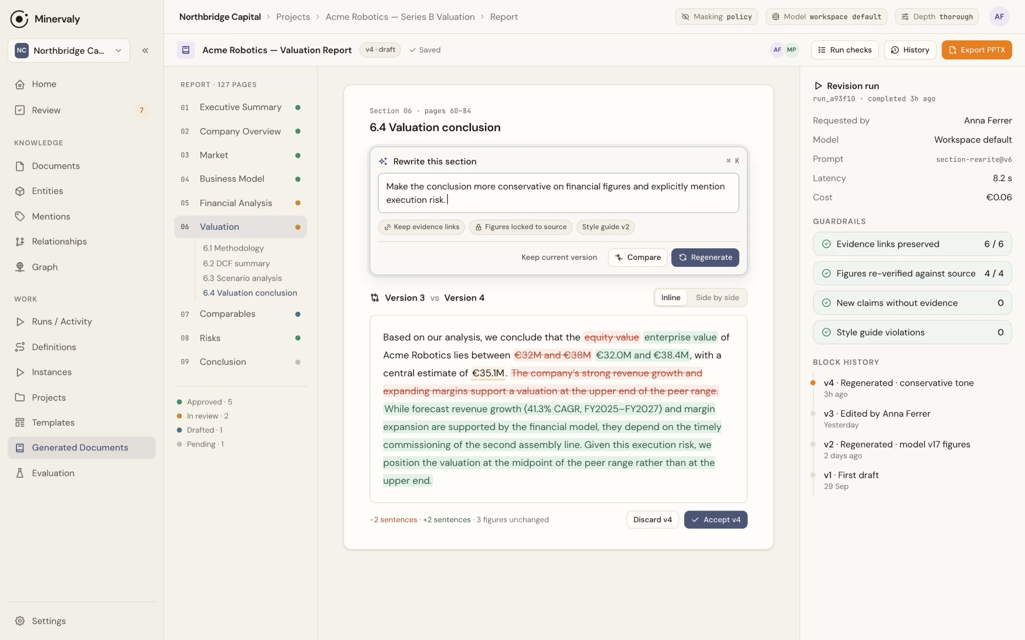 Minervaly report editor: a section rewrite with version comparison, evidence guardrails and block history